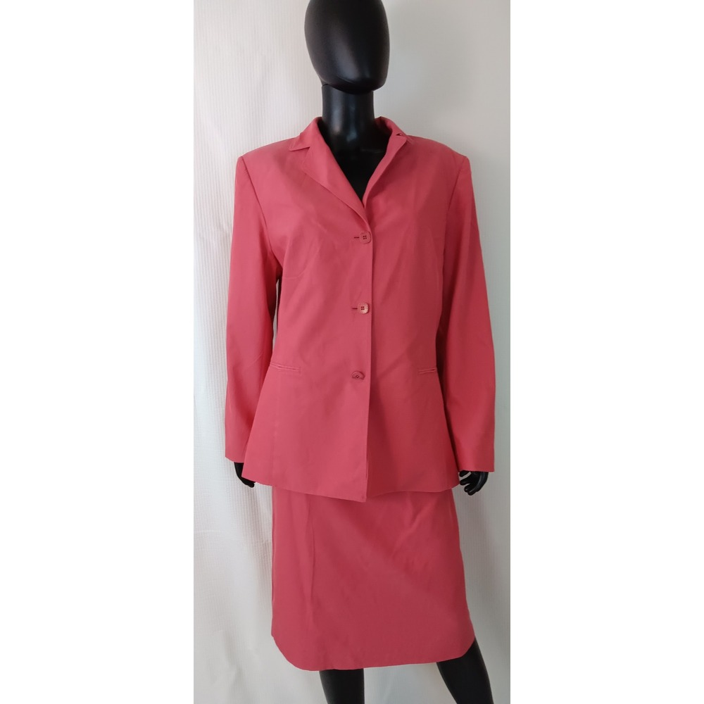 Preston & York Women Coral Pink 2 Piece Skirt Suit Silk Cotton Size 16 Blazer